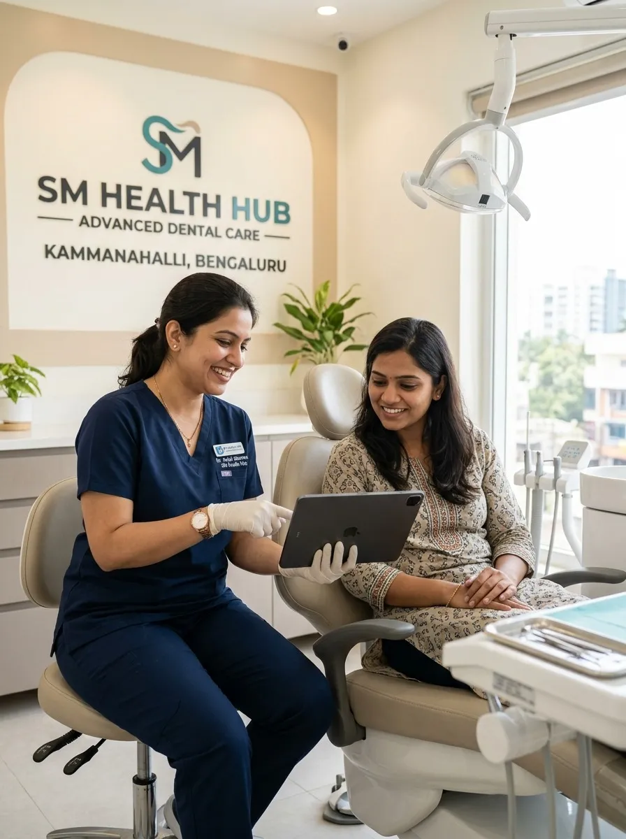 Dentist in a bright, welcoming consultation room speaking warmly with a patient
